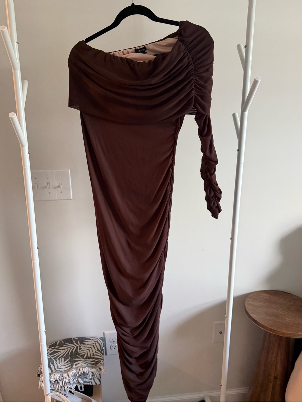 Mesh Ruched One-Shoulder Midi Dress - Brown